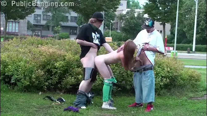 Young blonde teen cutie girl is fucked by 2 guys on a public street