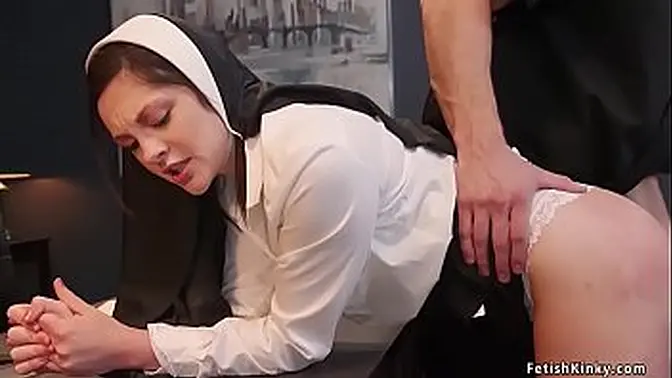 Priest Cooper punishes and fucks young nun Petra, then shares her with stepmom Lily in a kinky famil