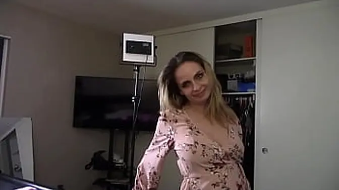 Blonde MILF finds sexy nylons and skirt for date night