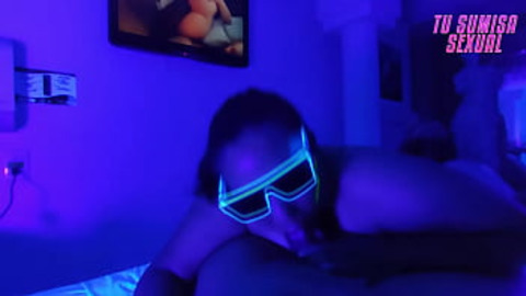 Deepthroat in a neon room —  submissive stepdaughter takes it all