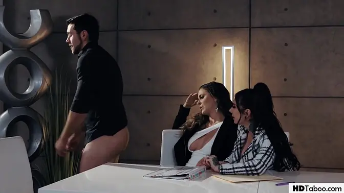 Dominant CEO and manager share a new guy with Cherie DeVille and Joanna Angel