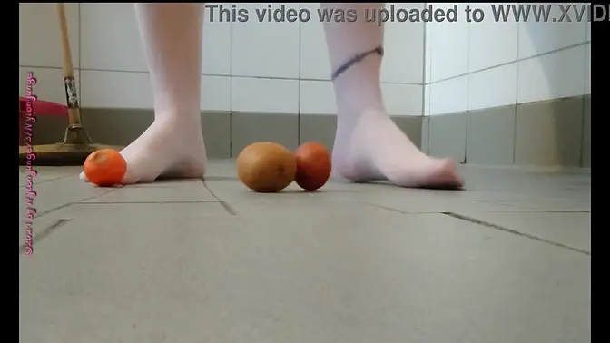 Chubby Solo Shower - Pantyhose and Fruit Foot Play