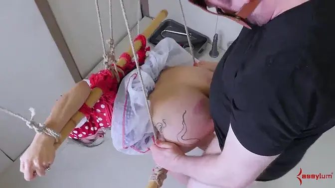 Submissive blonde's bubble butt gets caned and pounded