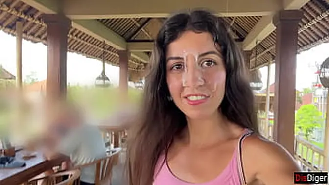 Skinny teen gets cum covered face while eating burger in public cafe