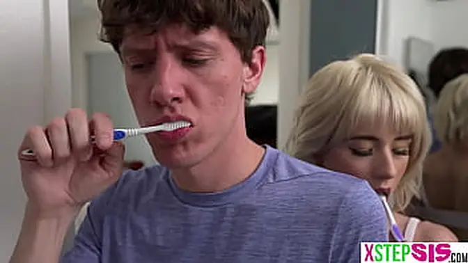 Petite blonde teen stepsister rides stepbrother's shaft in reverse cowgirl