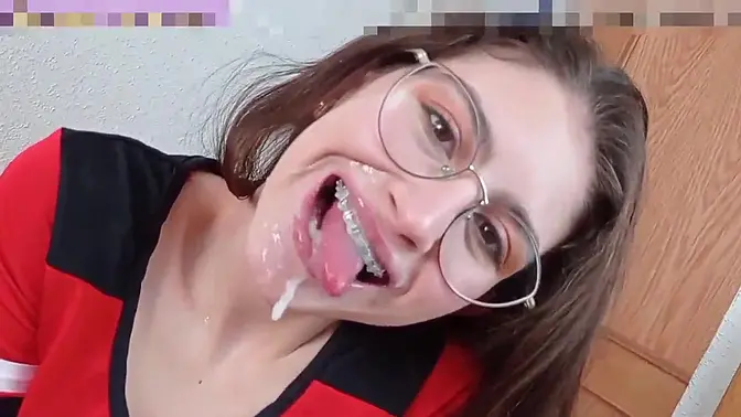 Teenage brunette Latina beauty deep throats and cums on glasses