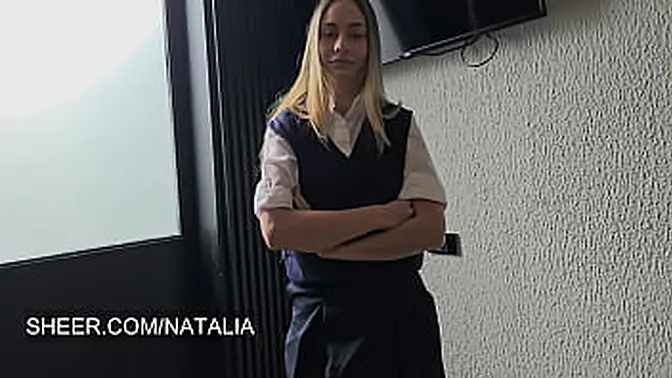 Blonde Latina babe in uniform gives perfect ass blowjob