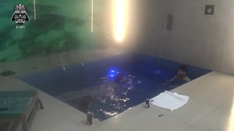 Two girls get shared by two dudes in some motel pool madness