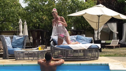 Sexy senior Lana Vegas gets banged by young stud Mugur at the pool
