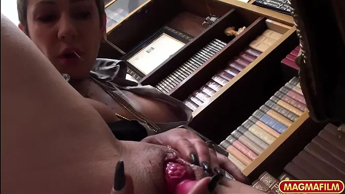 Sleazy office babe masturbating