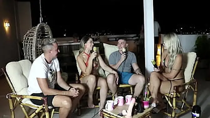 Outdoor romance with blonde beauty and dark stud