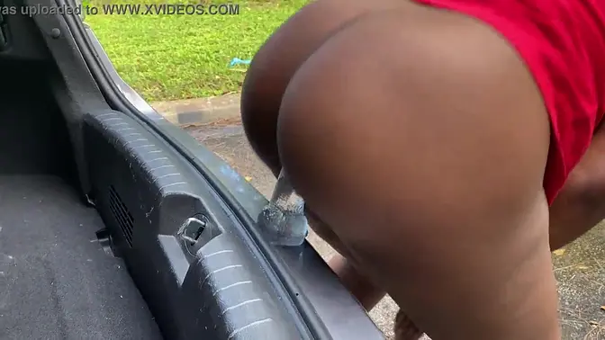 Solo ebony rides big black dildo on her car