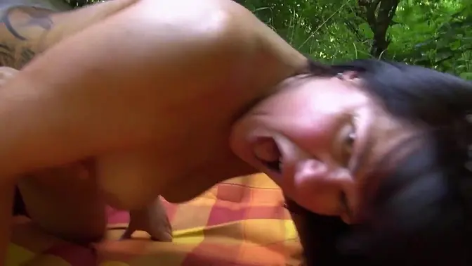 Sinfully chubby amateur milf getting pussy fisted and facial cumshoted in the woods