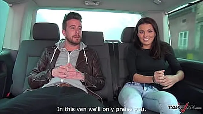 Shaved brunette gets gangbanged in van