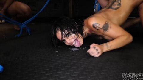 Raw —  sweaty tongues lap up thick —  gooey semen stains on filthy floor tiles —  oh yeah!