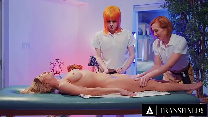 Redhead trans babes give Kenzie Anne a facial oiled massage