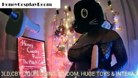 Sexy Honey Fucks Hard in Black Cat Cosplay Room —  Pt1 —  Dildo Teasing and Riding
