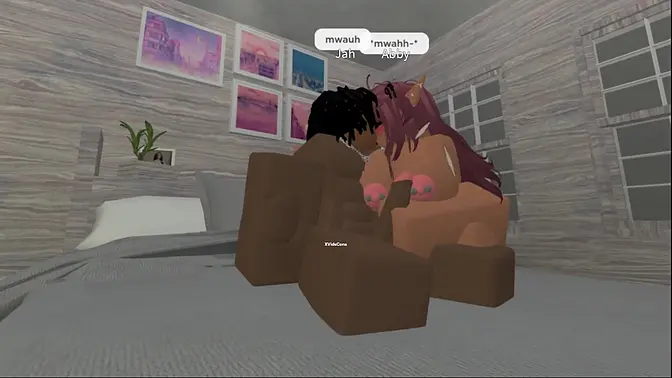 Cute couple goes wild in a small Roblox house