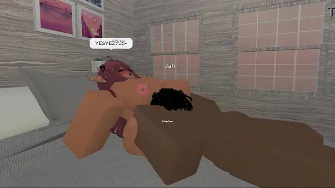 Cute couple goes wild in a small Roblox house