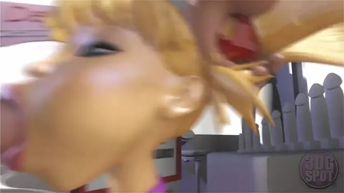 Teen blonde gags on huge cock in 3D dildo shop