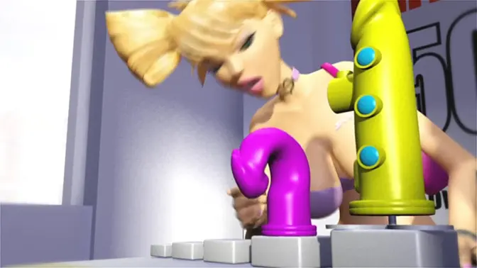 Teen blonde gags on huge cock in 3D dildo shop