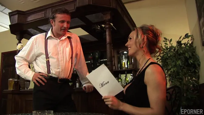 Busty blonde takes it in the ass in a public restaurant