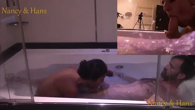 Curvy Latina roommate Nancy sucks Hans' cock in the shower