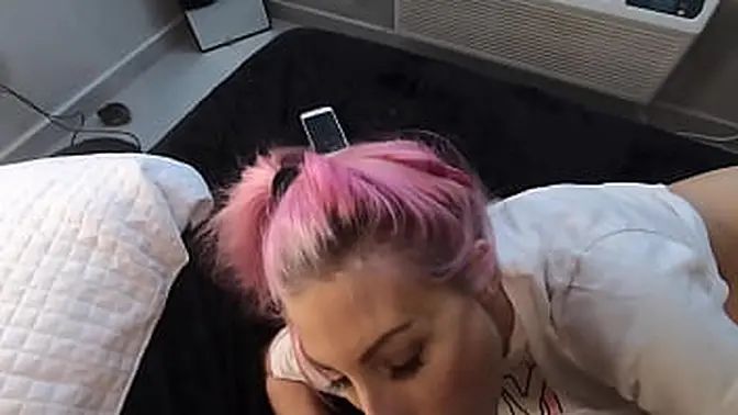 Skinny blonde takes huge dick in deepthroat blowjob, then swallows his load