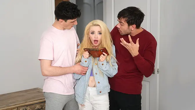 Stepbrothers fill naughty blonde Lola Fae's tight behind with wide schlongs in rough ass-sex threesome