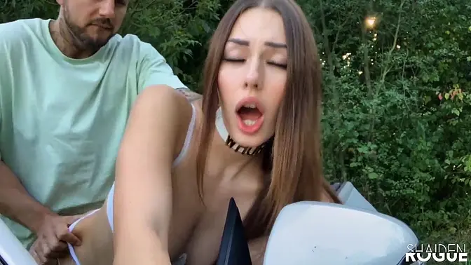 Teen German babe gets a deepthroat and humps cock doggystyle in public