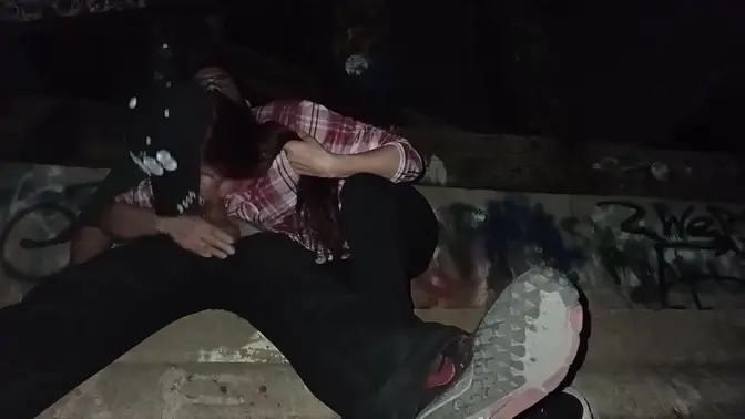 Petite Latina milf gives blowjob under train bridge