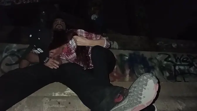 Petite Latina milf gives blowjob under train bridge