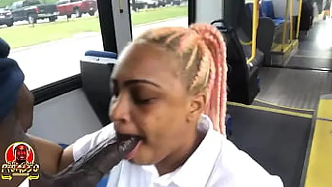 Sexy busty babe deep throats black BBC on public bus