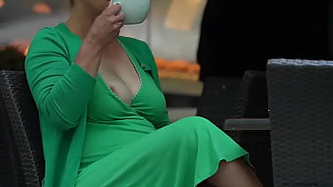 Public slave girl exposes big tit and flashes in BDSM scenario