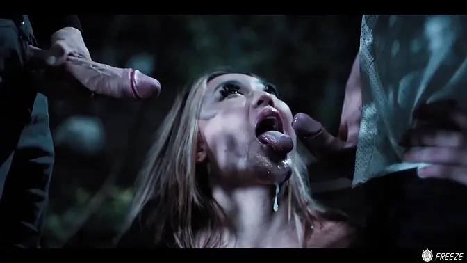 Busty babe gets fucked by three dudes in wild forest