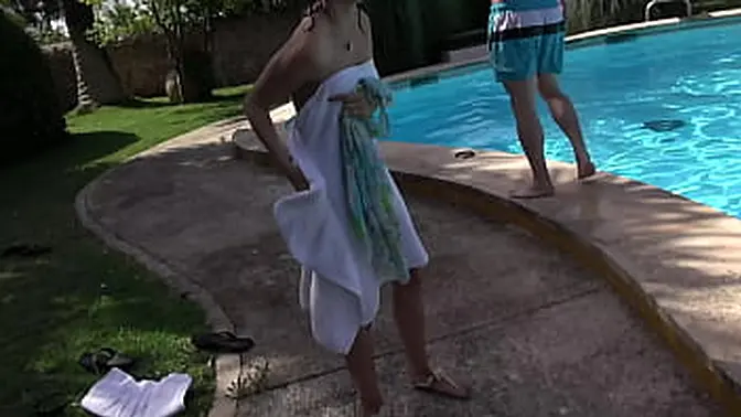 Blonde & Brunette Euro Pornstars Party at Outdoor Pool