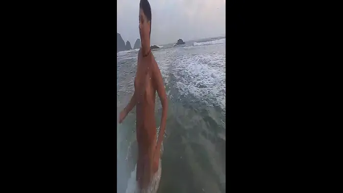 Wife strips in public, shows off short hair and natural tits