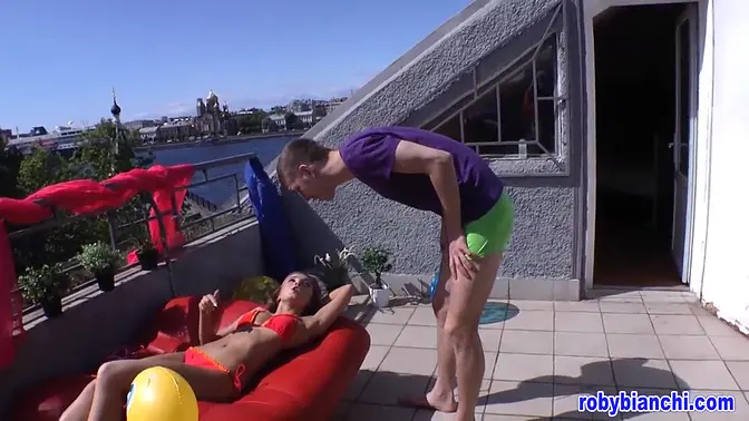 Young Russian girl takes huge cock deepthroat and rides it hard