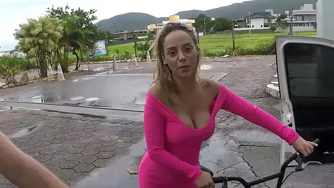 Sexy rider flashes big tits on the bike