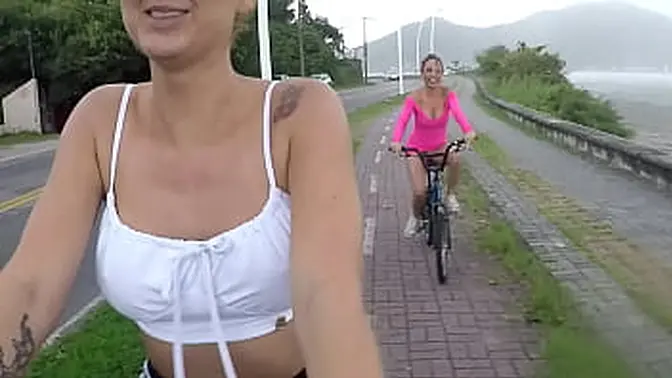 Sexy rider flashes huge tits on the bike