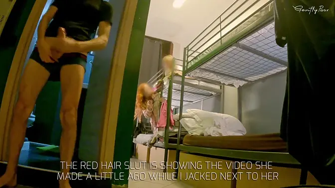 Petite Italian beauty flashes her underwear in a mixed hostel bathroom