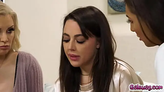 Brunette MILF and her blonde girlfriend teach first-time lesbian Whitney