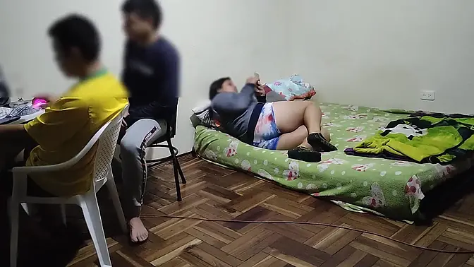 I'm in my best friend's room playing a video game, his wife comes in and without shame or anything she starts to touch my dick then she starts to suck it when her husband is there