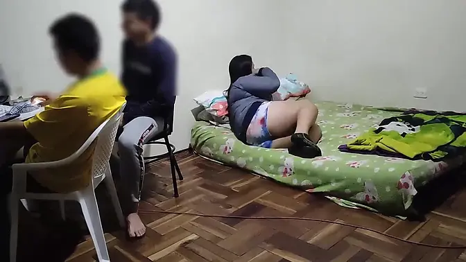 I'm in my best friend's room playing a video game, his wife comes in and without shame or anything she starts to touch my dick then she starts to suck it when her husband is there