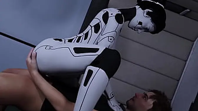Cyberpunk AI busty brunette takes her ass pounded by a huge cock