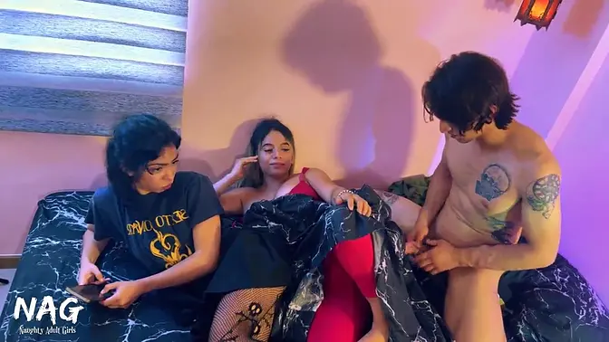 Amateur slutty blonde Latina gets fucked by her friend's big cock while watching