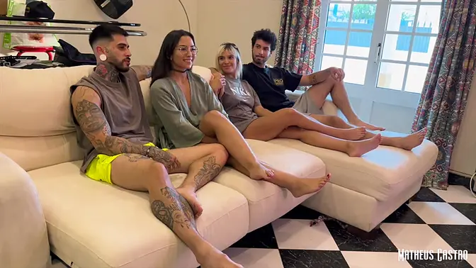 Blonde GF gives wet BJ while brunette MILF gets fucked