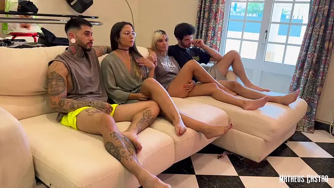 Blonde GF gives wet BJ while brunette MILF gets fucked