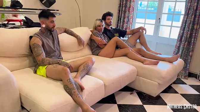 Blonde GF gives wet BJ while brunette MILF gets fucked