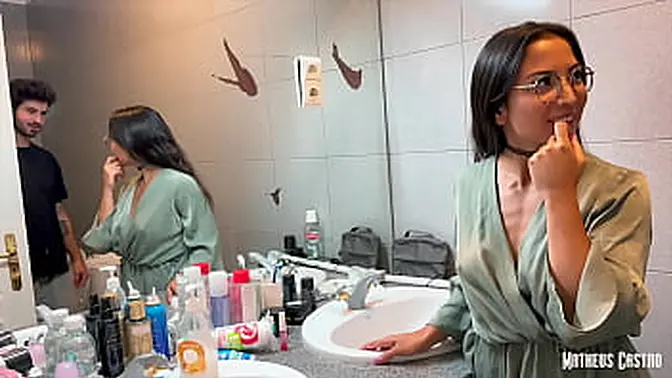 Blonde GF gives wet BJ while brunette MILF gets fucked